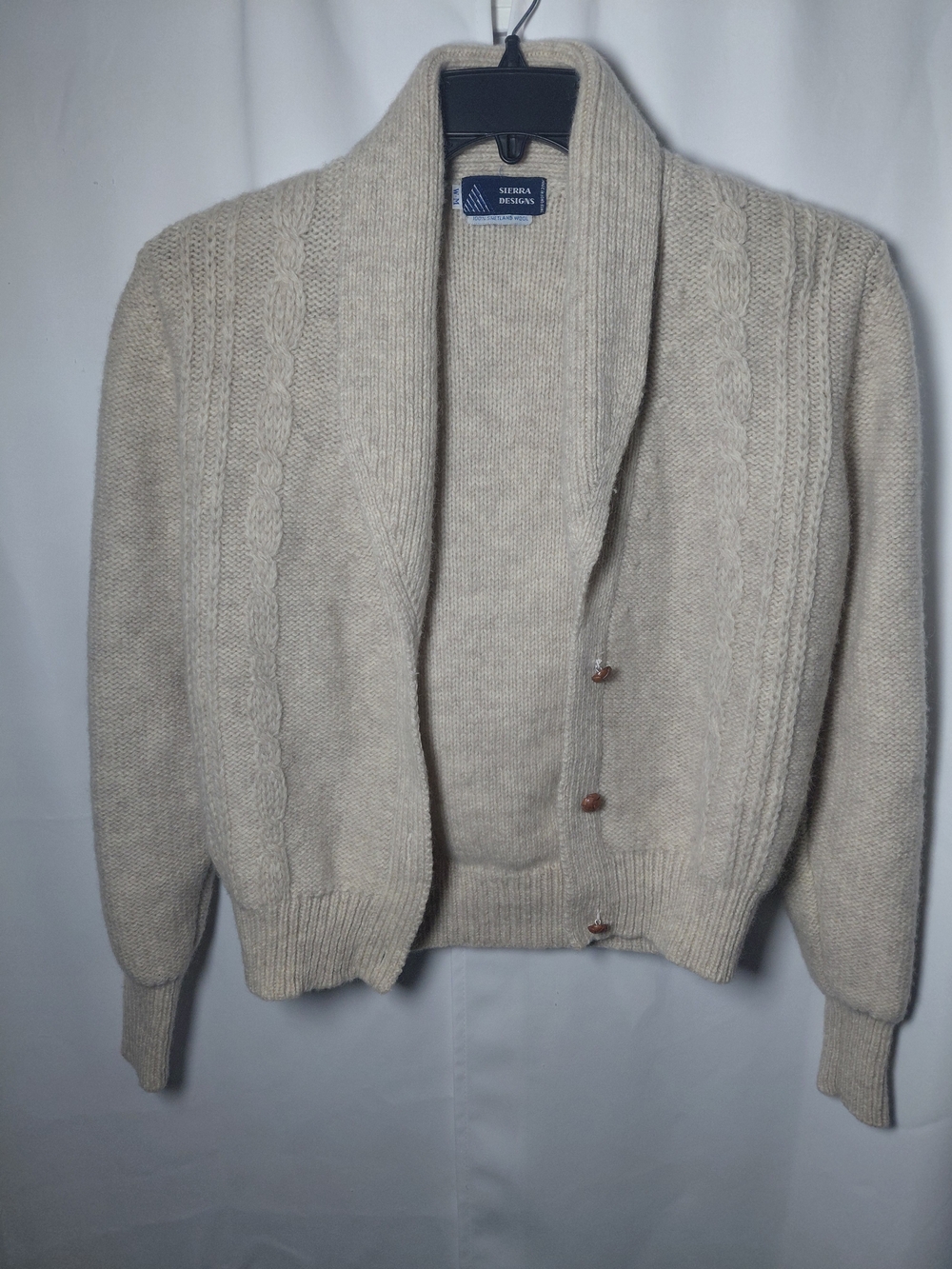 Women's Vintage Cream Cable-Knit Wool Shawl Cardigan Beige Size Medium